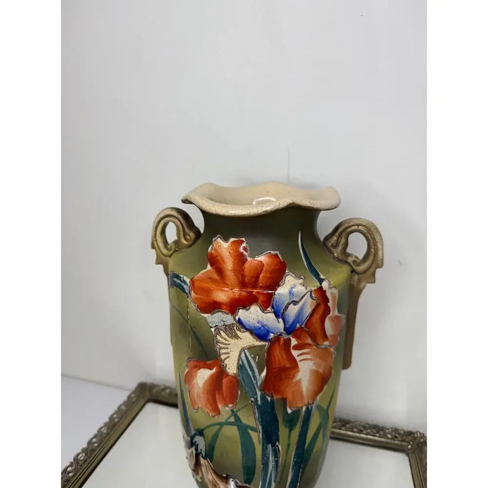 Stunning Large Antique Asian Handpainted Pottery Vase Ruffle Rim Handles Raised